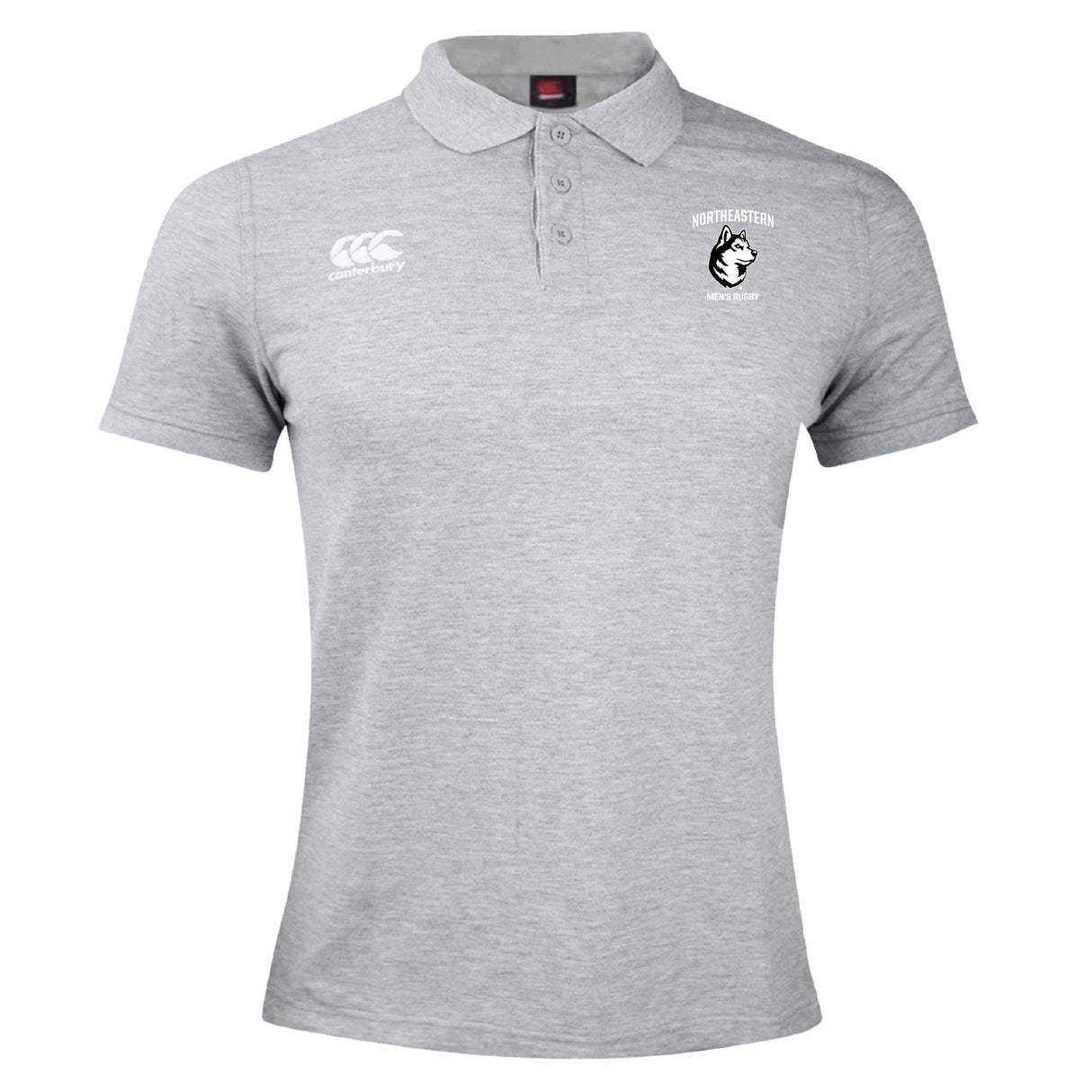 The Northeastern University Men's Rugby Waimak Polo by EMB Canterbury is a light grey short-sleeve polo with buttons, featuring the Canterbury logo on the right chest and a Northeastern Athletic Union emblem on the left chest.