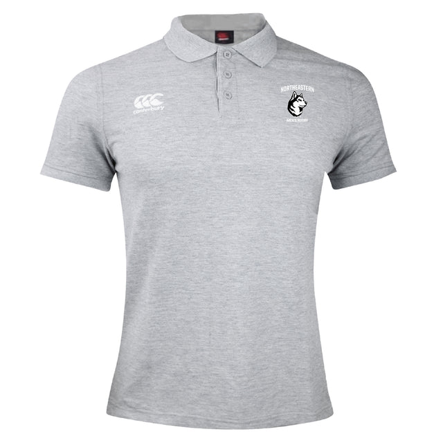 The Northeastern University Men's Rugby Waimak Polo by EMB Canterbury is a light grey short-sleeve polo with buttons, featuring the Canterbury logo on the right chest and a Northeastern Athletic Union emblem on the left chest.
