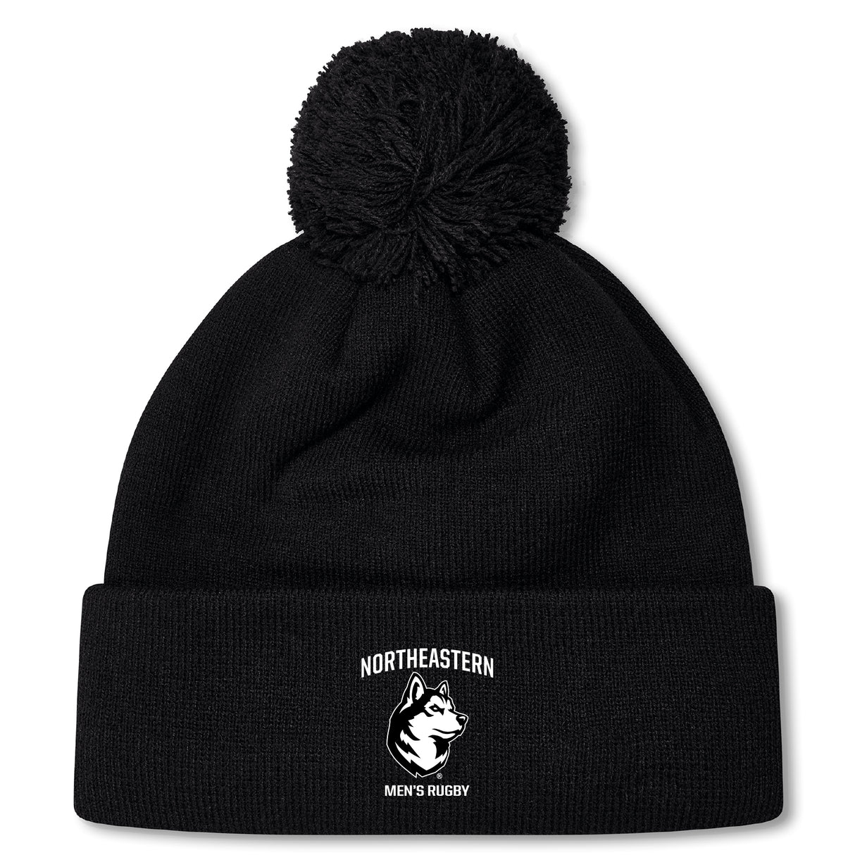 Stay warm and stylish with the Northeastern University Men's Rugby Pom Pom Beanie by EMB Canterbury, featuring a fleece lining, "Northeastern Men's Rugby" text, husky logo on the front cuff, and a classic pom-pom.
