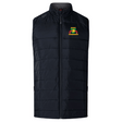Black sleeveless padded vest with insulated baffles, featuring a high collar and front zipper. The EMB Canterbury logo showcases a green dinosaur with "Binance" text in yellow above red stripes. Perfect for an Elite Gilet experience with the Baltimore Chesapeake Brumbies Women's Elite Microlite Gilet by Canterbury.