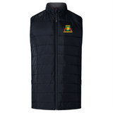 Black sleeveless padded vest with insulated baffles, featuring a high collar and front zipper. The EMB Canterbury logo showcases a green dinosaur with "Binance" text in yellow above red stripes. Perfect for an Elite Gilet experience with the Baltimore Chesapeake Brumbies Women's Elite Microlite Gilet by Canterbury.
