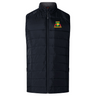 Black sleeveless padded vest with insulated baffles, featuring a high collar and front zipper. The EMB Canterbury logo showcases a green dinosaur with "Binance" text in yellow above red stripes. Perfect for an Elite Gilet experience with the Baltimore Chesapeake Brumbies Women's Elite Microlite Gilet by Canterbury.