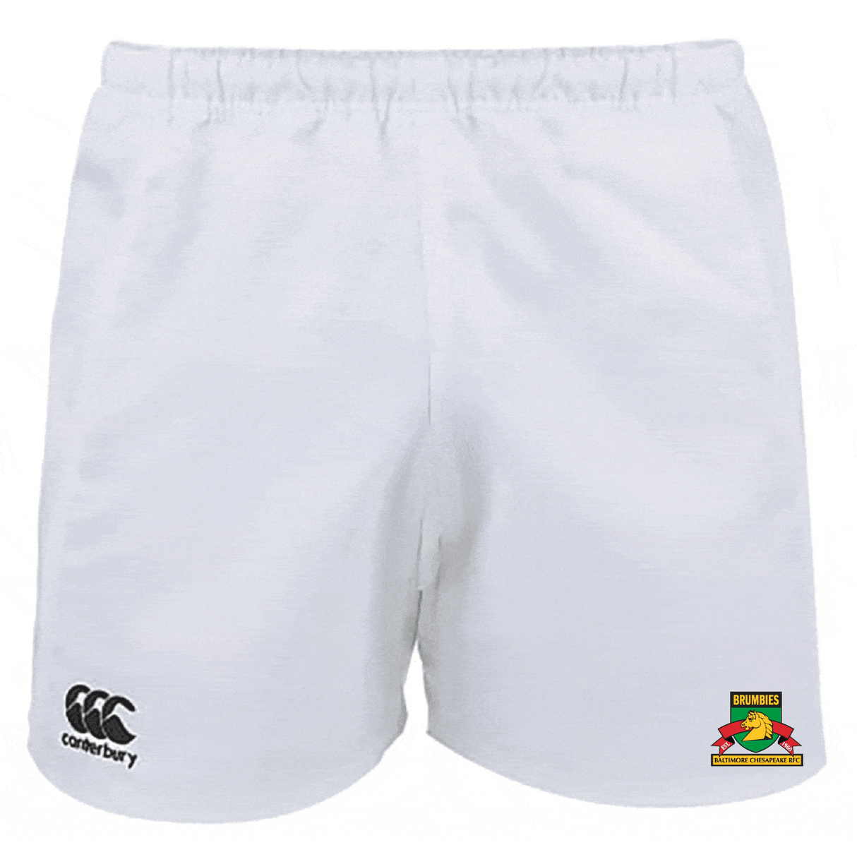 The Baltimore Chesapeake Brumbies Player's Drill Short by Canterbury, crafted from recycled fabric, features EMB Canterbury and Brumbies logos. These shorts blend sustainable sportswear with a classic design on a plain white background.