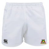 The Baltimore Chesapeake Brumbies Player's Drill Short by Canterbury, crafted from recycled fabric, features EMB Canterbury and Brumbies logos. These shorts blend sustainable sportswear with a classic design on a plain white background.