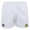 The Baltimore Chesapeake Brumbies Player's Drill Short by Canterbury, crafted from recycled fabric, features EMB Canterbury and Brumbies logos. These shorts blend sustainable sportswear with a classic design on a plain white background.