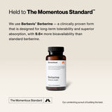 A bottle of Momentous Berberine is shown with text highlighting its clinically proven formula for superior absorption to support heart health and metabolic efficiency versus standard berberine.