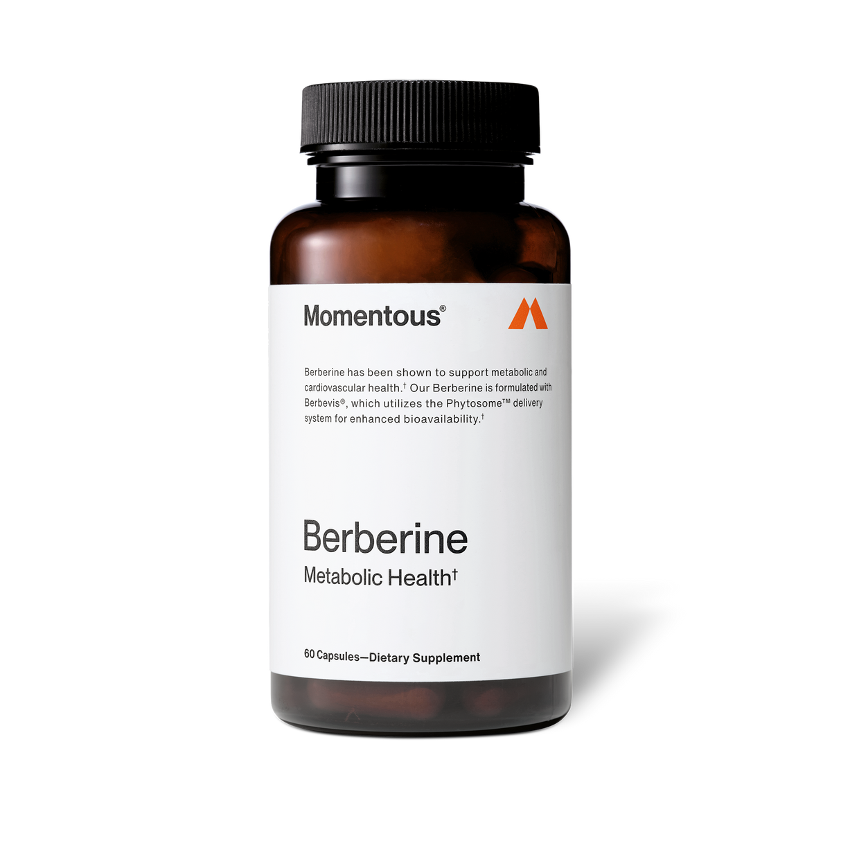 A bottle of Momentous Berberine contains 60 capsules designed to support cardiovascular health and metabolic efficiency.