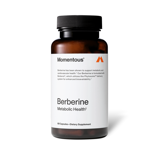 A bottle of Momentous Berberine contains 60 capsules designed to support cardiovascular health and metabolic efficiency.