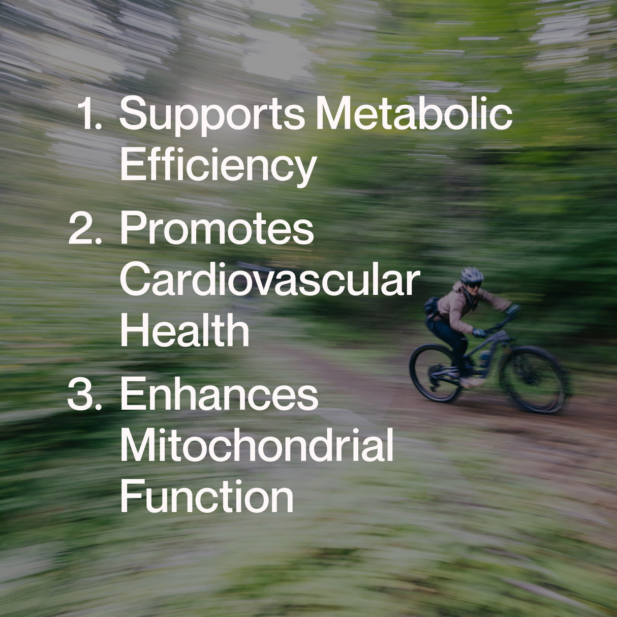A mountain biker navigates a forest trail; on-screen text highlights health benefits—metabolic efficiency, better cardiovascular health, and enhanced mitochondrial function—also associated with Momentous Berberine.
