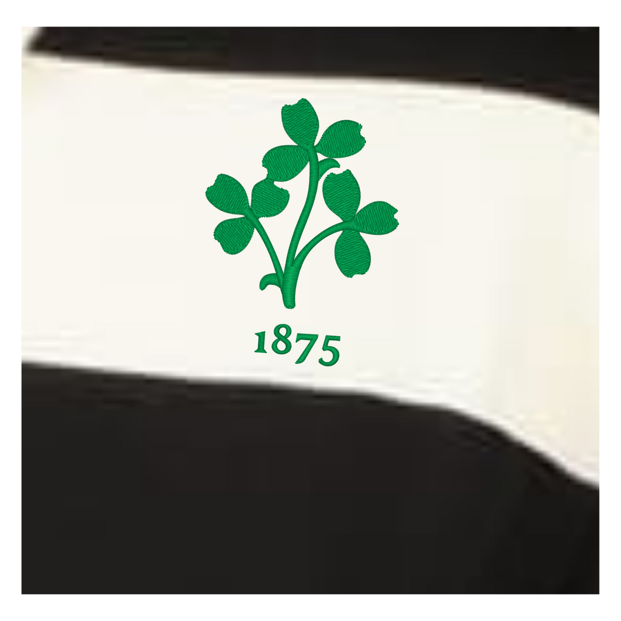 A green shamrock with "1875" beneath it is embroidered on the EMB Augusta Women's Vintage Ireland Prep Street Rugby Crop, featuring black and white stripes.
