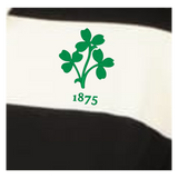 A green shamrock with "1875" beneath it is embroidered on the EMB Augusta Women's Vintage Ireland Prep Street Rugby Crop, featuring black and white stripes.
