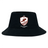 The West Potomac RFC Crusher Bucket Cap by EMB S&S Activewear is a black cotton hat with sun protection, showcasing a maroon and white shield logo with a rugby player, star, "1963," and "West Potomac Rugby.