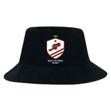 The West Potomac RFC Crusher Bucket Cap by EMB S&S Activewear is a black cotton hat with sun protection, showcasing a maroon and white shield logo with a rugby player, star, "1963," and "West Potomac Rugby.