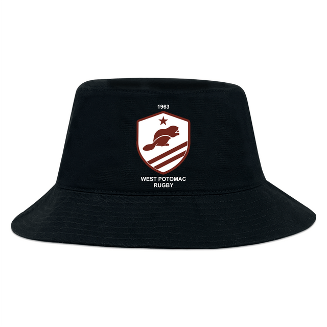 The West Potomac RFC Crusher Bucket Cap by EMB S&S Activewear is a black cotton hat with sun protection, showcasing a maroon and white shield logo with a rugby player, star, "1963," and "West Potomac Rugby.