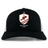 The West Potomac RFC Retro Trucker Cap by EMB S&S Activewear features a black and white design, embroidered beaver logo with red stripes, a star, "1963," and an adjustable snapback closure.