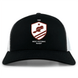 The West Potomac RFC Retro Trucker Cap by EMB S&S Activewear features a black and white design, embroidered beaver logo with red stripes, a star, "1963," and an adjustable snapback closure.