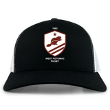 The West Potomac RFC Retro Trucker Cap by EMB S&S Activewear features a black and white design, embroidered beaver logo with red stripes, a star, "1963," and an adjustable snapback closure.