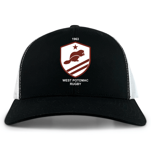 The West Potomac RFC Retro Trucker Cap by EMB S&S Activewear features a black and white design, embroidered beaver logo with red stripes, a star, "1963," and an adjustable snapback closure.