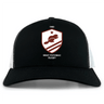 The West Potomac RFC Retro Trucker Cap by EMB S&S Activewear features a black and white design, embroidered beaver logo with red stripes, a star, "1963," and an adjustable snapback closure.