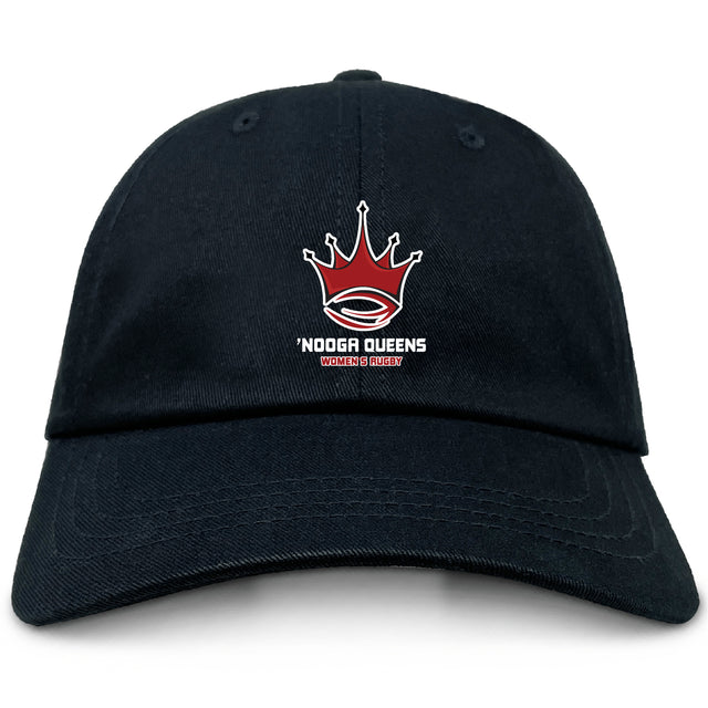 The Chattanooga Queens Rugby Adult Low-Profile Cotton Twill Dad Cap by EMB S&S Activewear features a black cotton twill build with a red crown, rugby ball, and "'NOOGA QUEENS WOMEN'S RUGBY" embroidered on the front.
