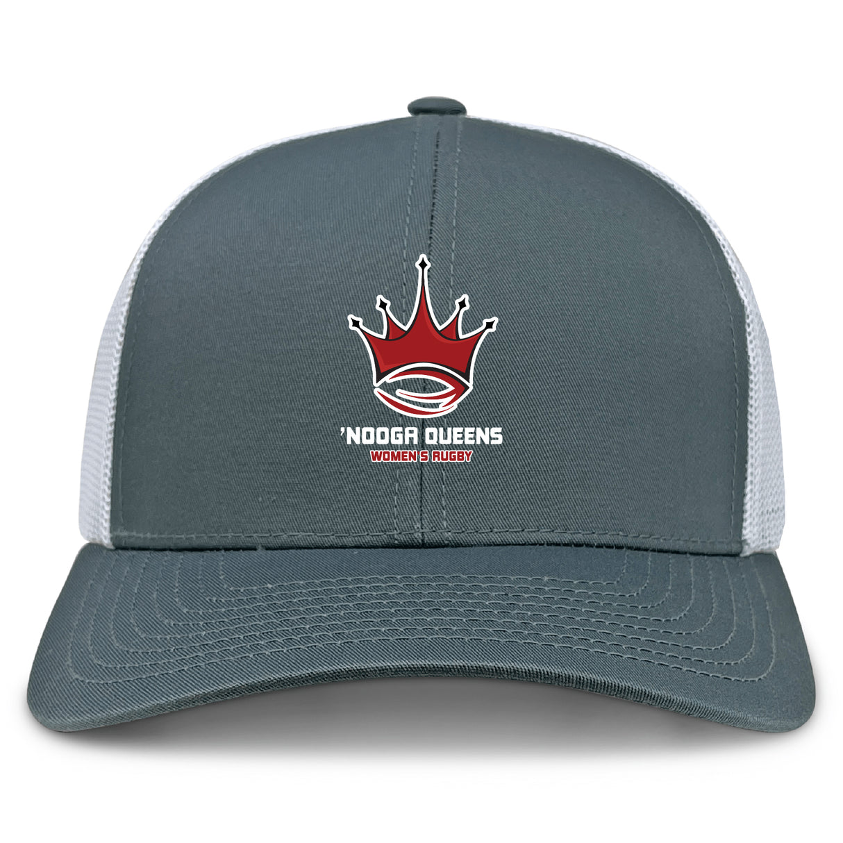 The Chattanooga Queens Rugby Retro Trucker Cap by EMB S&S Activewear features a gray and white design with red crown, rugby ball logo, "NOOGA QUEENS WOMEN'S RUGBY" embroidered on front, and an adjustable classic snapback closure.