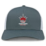 The Chattanooga Queens Rugby Retro Trucker Cap by EMB S&S Activewear features a gray and white design with red crown, rugby ball logo, "NOOGA QUEENS WOMEN'S RUGBY" embroidered on front, and an adjustable classic snapback closure.