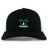 The Twin Island Rugby Retro Trucker Cap by EMB S&S Activewear features black and white panels, embroidered palm trees, a rugby player silhouette, “Twin Island Rugby” text, and an adjustable snapback closure.