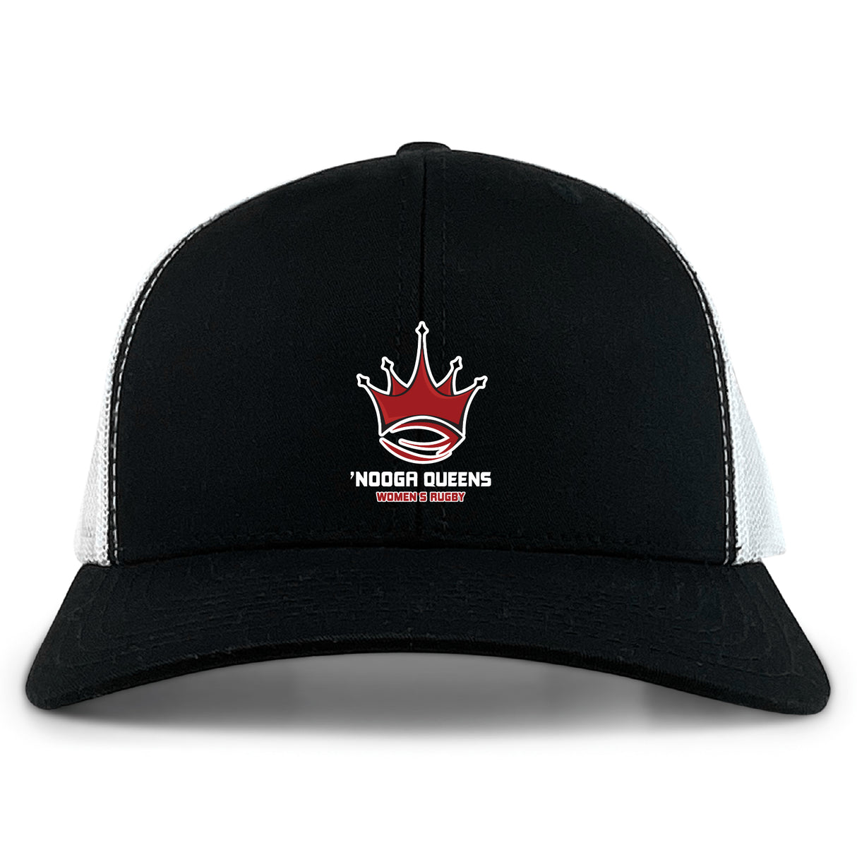 The Chattanooga Queens Rugby Retro Trucker Cap by EMB S&S Activewear is a black and white trucker hat with an embroidered crown logo, "'NOOGA QUEENS WOMEN'S RUGBY" front text, and a snapback closure for adjustable fit.