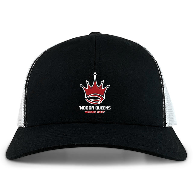 The Chattanooga Queens Rugby Retro Trucker Cap by EMB S&S Activewear is a black and white trucker hat with an embroidered crown logo, "'NOOGA QUEENS WOMEN'S RUGBY" front text, and a snapback closure for adjustable fit.