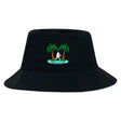 The Twin Island Rugby Crusher Bucket Cap by EMB S&S Activewear is a black cotton twill hat with an embroidered twin palm tree and rugby player logo, plus "TWIN ISLAND RUGBY" text, providing stylish sun protection.