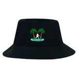 The Twin Island Rugby Crusher Bucket Cap by EMB S&S Activewear is a black cotton twill hat with an embroidered twin palm tree and rugby player logo, plus "TWIN ISLAND RUGBY" text, providing stylish sun protection.