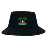 The Twin Island Rugby Crusher Bucket Cap by EMB S&S Activewear is a black cotton twill hat with an embroidered twin palm tree and rugby player logo, plus "TWIN ISLAND RUGBY" text, providing stylish sun protection.