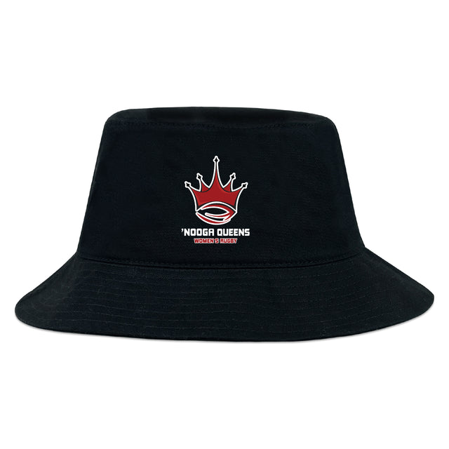 The Chattanooga Queens Rugby Crusher Bucket Cap by EMB S&S Activewear features a red crown rugby logo and "'NOOGA QUEENS WOMEN'S RUGBY” on front, offering stylish sun protection for every match.