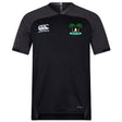 The Twin Island Rugby Vapodri Evader Jersey by EMB Canterbury is a black short-sleeve rugby top with a white chest logo and palm tree emblem, featuring moisture-wicking technology and "VapoDri" text near the hem.
