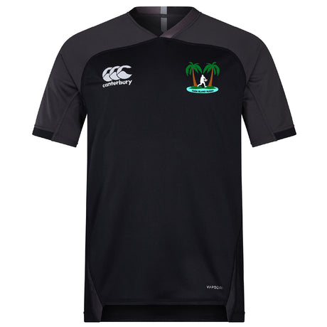 The Twin Island Rugby Vapodri Evader Jersey by EMB Canterbury is a black short-sleeve rugby top with a white chest logo and palm tree emblem, featuring moisture-wicking technology and "VapoDri" text near the hem.