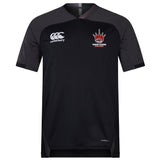 The Chattanooga Queens Rugby Vapodri Evader Jersey by EMB Canterbury is a black short-sleeve jersey featuring VapoDri tech, the "Canterbury" logo on the right chest, and the "Queens" crown crest on the left—ideal for rugby World Cup fans.