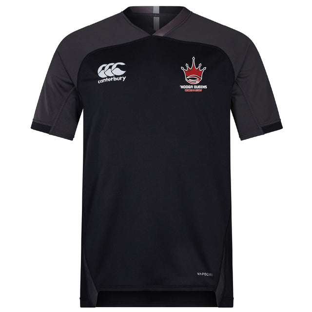 The Chattanooga Queens Rugby Vapodri Evader Jersey by EMB Canterbury is a black short-sleeve jersey featuring VapoDri tech, the "Canterbury" logo on the right chest, and the "Queens" crown crest on the left—ideal for rugby World Cup fans.
