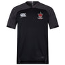 The Chattanooga Queens Rugby Vapodri Evader Jersey by EMB Canterbury is a black short-sleeve jersey featuring VapoDri tech, the "Canterbury" logo on the right chest, and the "Queens" crown crest on the left—ideal for rugby World Cup fans.