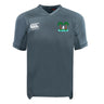 The Twin Island Rugby Vapodri Evader Jersey by EMB Canterbury is a gray short-sleeve jersey with a white Canterbury logo on the right chest and palm tree with surfer emblem on the left, featuring moisture-wicking technology.