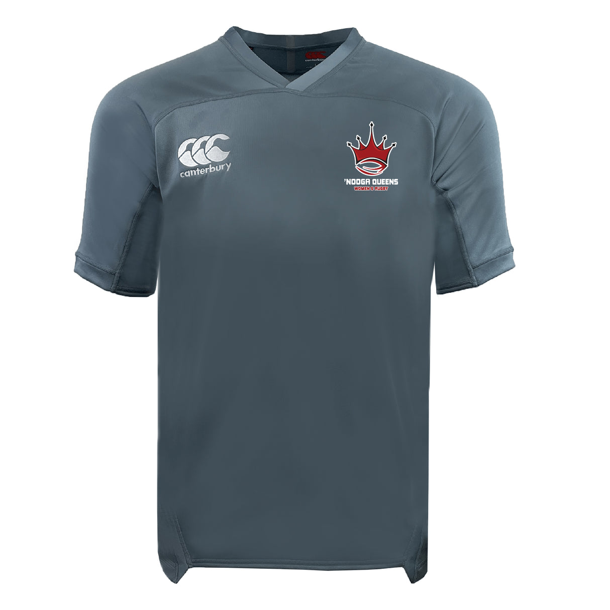 The Chattanooga Queens Rugby Vapodri Evader Jersey by EMB Canterbury is a gray short-sleeve top with a white Canterbury logo on the right chest and a red crown emblem with "NQ DODGE QUEENS" on the left, made with breathable Vapodri technology.