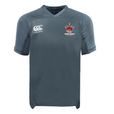 The Chattanooga Queens Rugby Vapodri Evader Jersey by EMB Canterbury is a gray short-sleeve top with a white Canterbury logo on the right chest and a red crown emblem with "NQ DODGE QUEENS" on the left, made with breathable Vapodri technology.