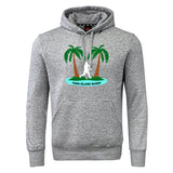 The Twin Island Rugby Club Hoodie by Canterbury, from WRS Canterbury, features a gray design with two palm trees, a rugby player graphic, and "TWIN ISLAND RUGBY" on the front—ideal as your custom team or rugby club hoodie.
