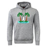 The Twin Island Rugby Club Hoodie by Canterbury, from WRS Canterbury, features a gray design with two palm trees, a rugby player graphic, and "TWIN ISLAND RUGBY" on the front—ideal as your custom team or rugby club hoodie.