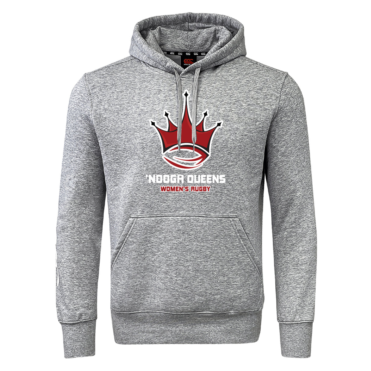 A grey Chattanooga Queens Rugby Club Hoodie by WRS Canterbury, featuring a red and black crown logo above "NDOGRA QUEENS WOMEN'S RUGBY" on the front.