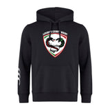 The Loudoun Club Hoodie by Canterbury is made from sweatshirt fleece and showcases a Loudoun County Rugby logo along with WRS Canterbury branding, accompanied by an eye-catching white graphic on the right sleeve.