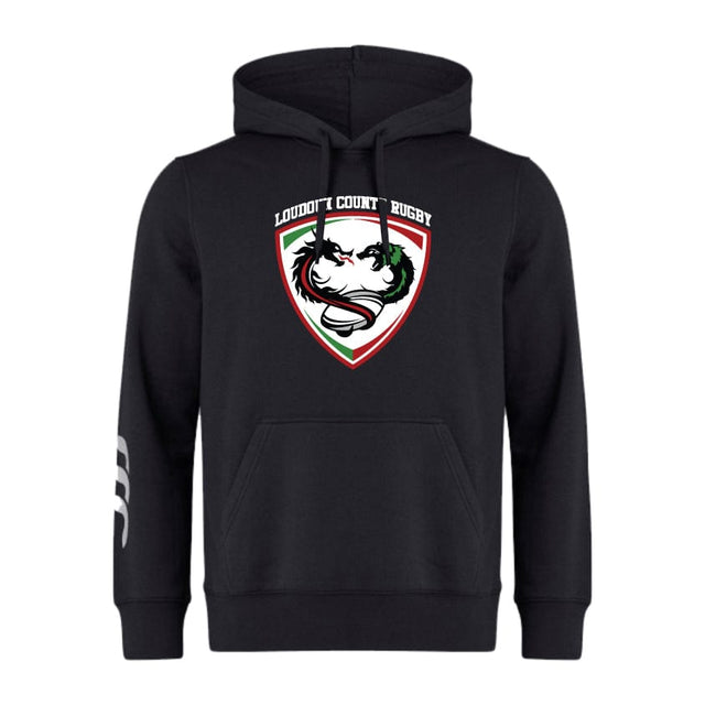The Loudoun Club Hoodie by Canterbury is made from sweatshirt fleece and showcases a Loudoun County Rugby logo along with WRS Canterbury branding, accompanied by an eye-catching white graphic on the right sleeve.