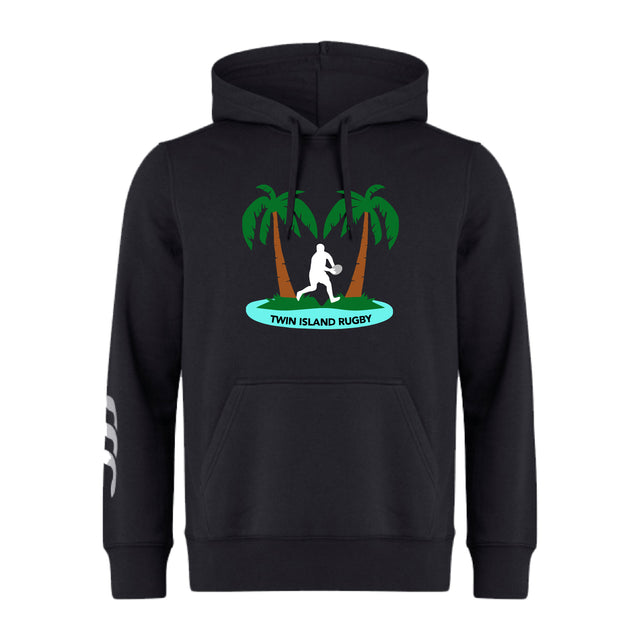 The Twin Island Rugby Club Hoodie by WRS Canterbury features two palm trees, a rugby player silhouette, "TWIN ISLAND RUGBY" on a blue oval, and white stripes on the left sleeve—perfect for team style and comfort.