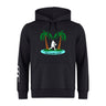 The Twin Island Rugby Club Hoodie by WRS Canterbury features two palm trees, a rugby player silhouette, "TWIN ISLAND RUGBY" on a blue oval, and white stripes on the left sleeve—perfect for team style and comfort.
