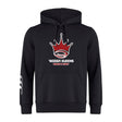 The Chattanooga Queens Rugby Club Hoodie by WRS Canterbury is a black rugby hoodie with a red and white crown logo, "Nooga Queens Women's Rugby" on the front, and white sleeve stripes—ideal for any rugby team.
