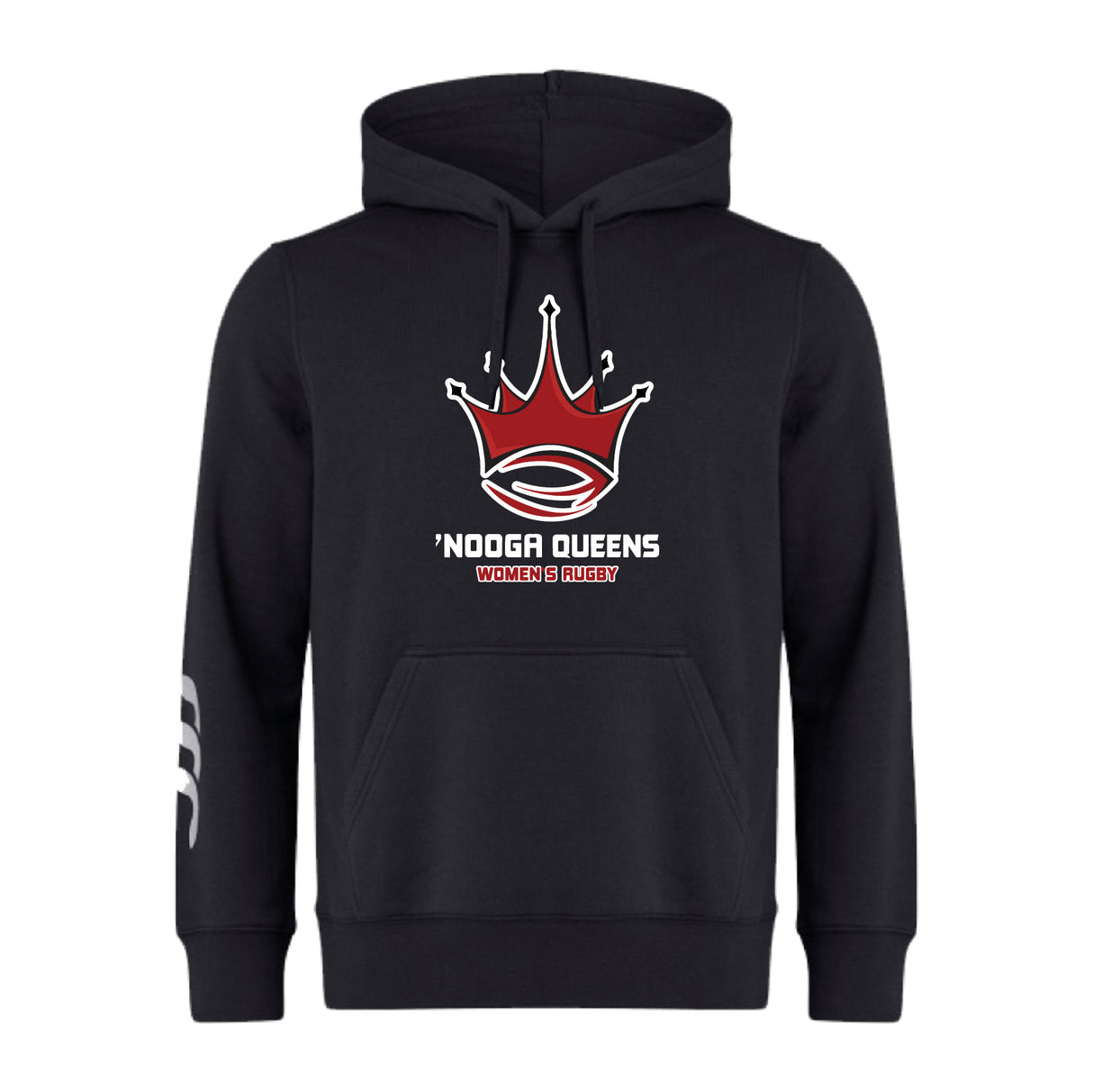 The Chattanooga Queens Rugby Club Hoodie by WRS Canterbury is a black rugby hoodie with a red and white crown logo, "Nooga Queens Women's Rugby" on the front, and white sleeve stripes—ideal for any rugby team.